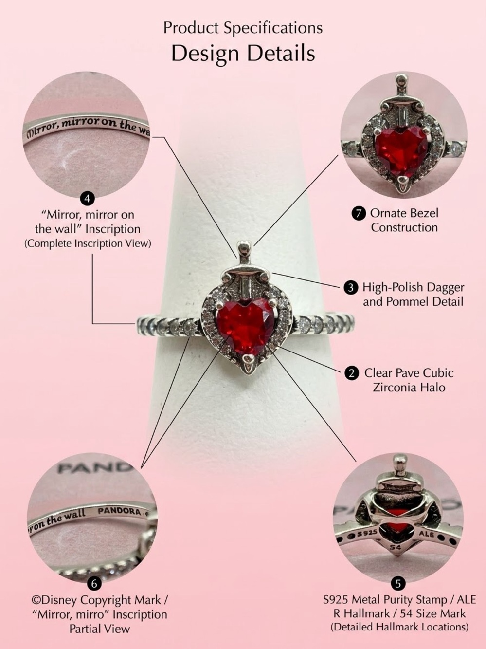 Pandora Disney Evil Queen Dagger Heart Ring S925 Silver Size 7 / 54 - Picture 10 of 12